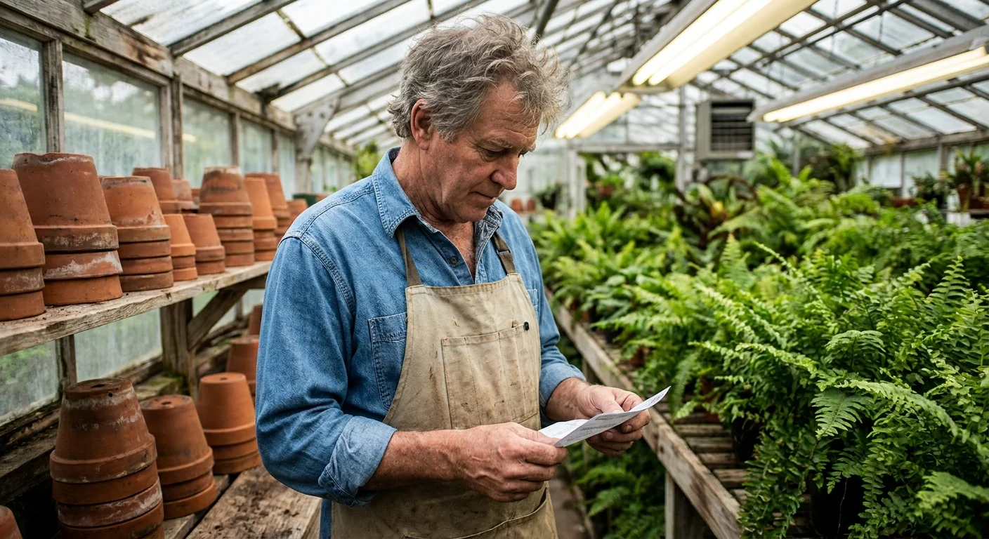 An older man in a canvas apron looks at a paycheck while working at a plant nursery, surrounded by greenery.