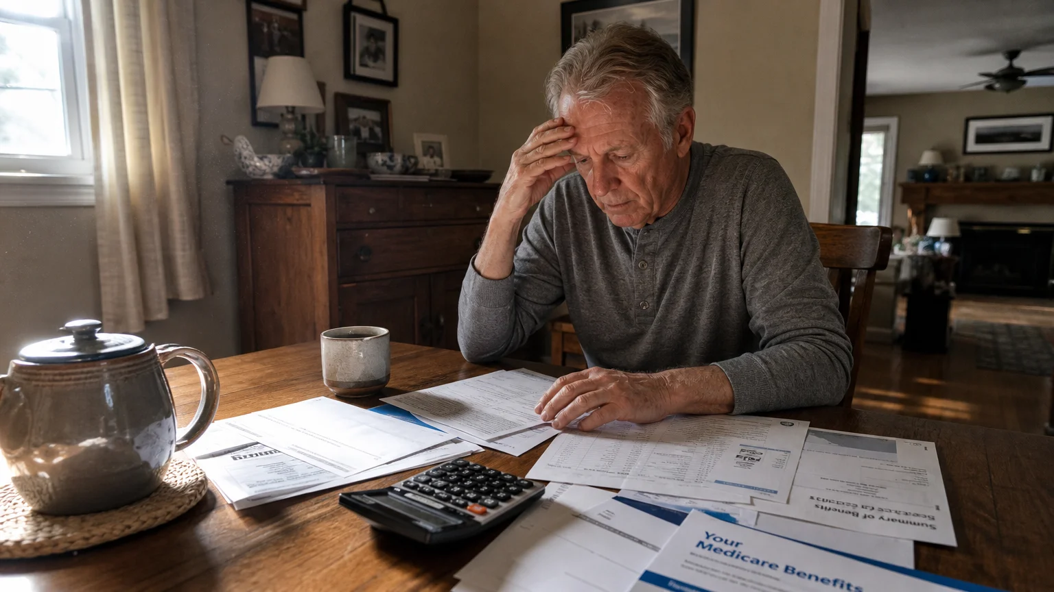 An older man sits at a wooden dining table, rubbing his temple while reviewing financial paperwork in the morning light.