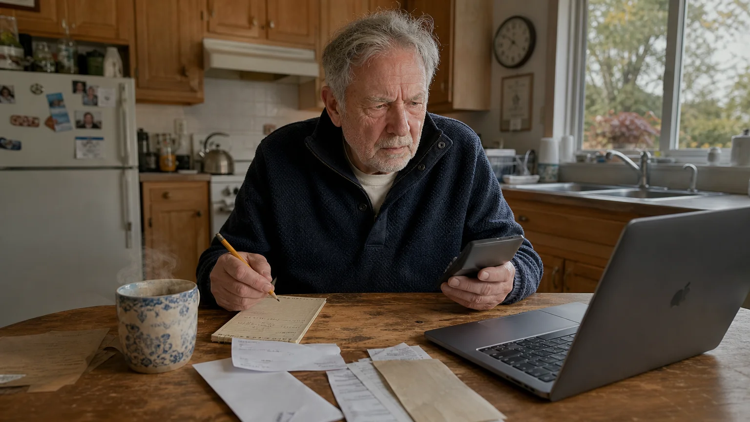 An older man sits at his kitchen table, calculating numbers with a laptop and papers, looking thoughtful.