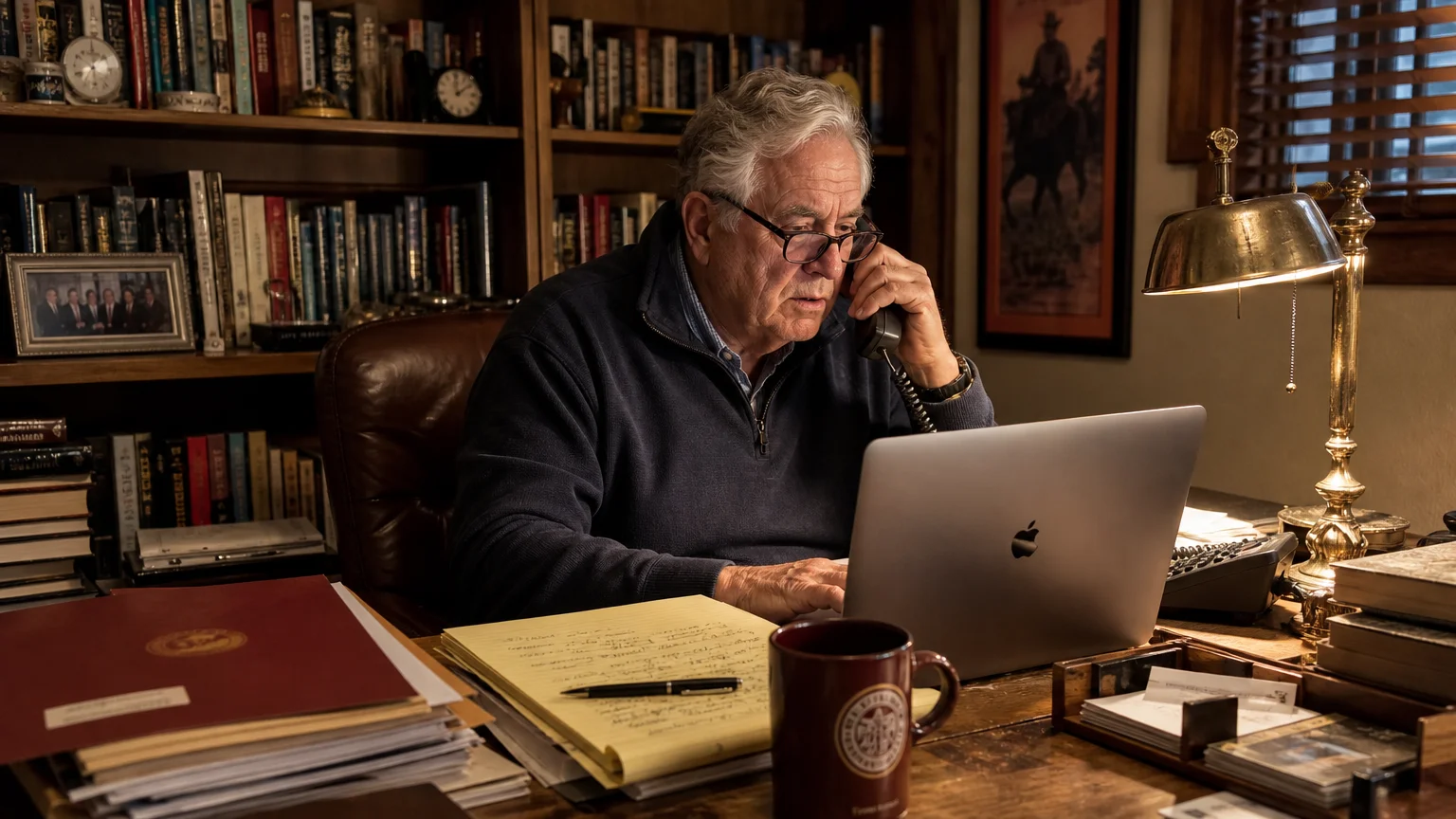 An older man sitting at a cozy desk at home, talking on the phone while researching benefits on his laptop.