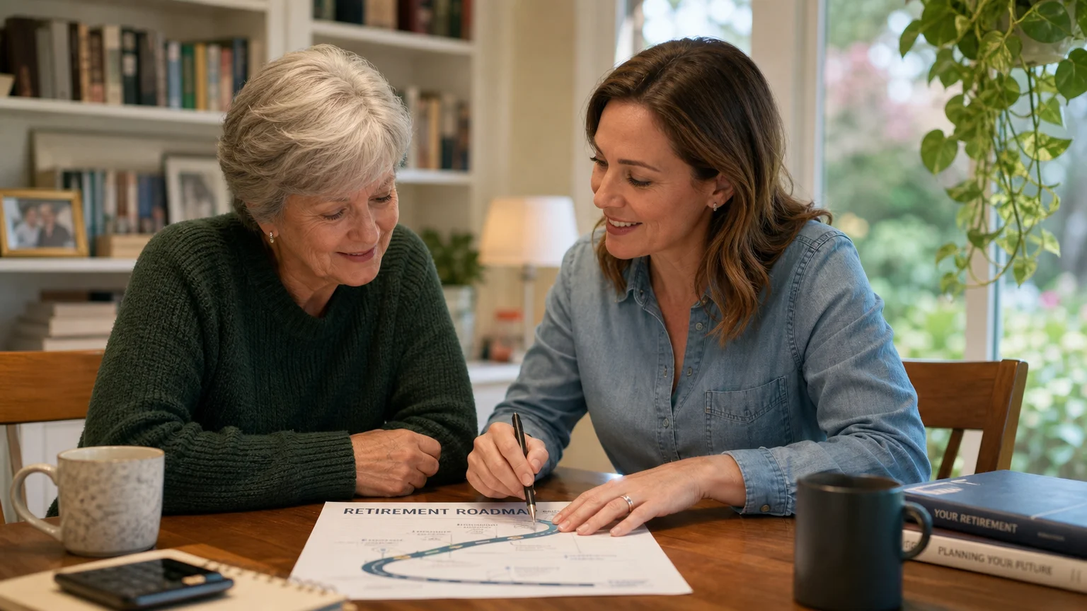 An older woman and a financial planner sit at a kitchen table, looking over a retirement roadmap with a sense of relief.