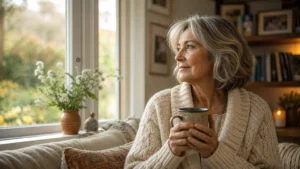 An older woman in a cozy cream cardigan sits by a window with a warm mug, looking thoughtfully out at her morning garden.