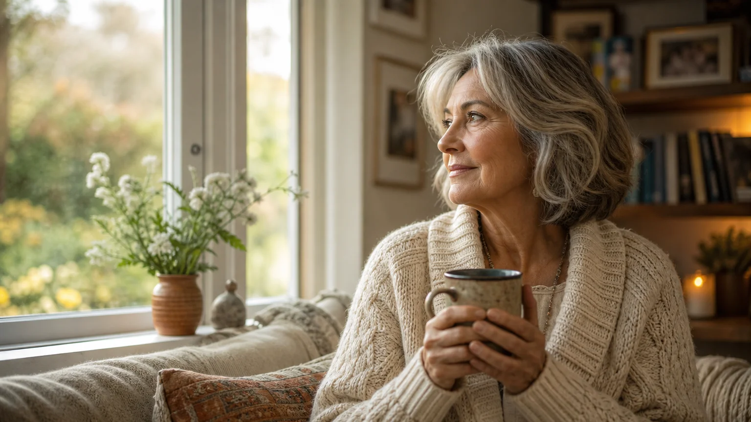 An older woman in a cozy cream cardigan sits by a window with a warm mug, looking thoughtfully out at her morning garden.