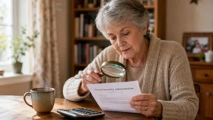 An older woman reviewing a Social Security Administration letter at her kitchen table with a magnifying glass and a calculator.