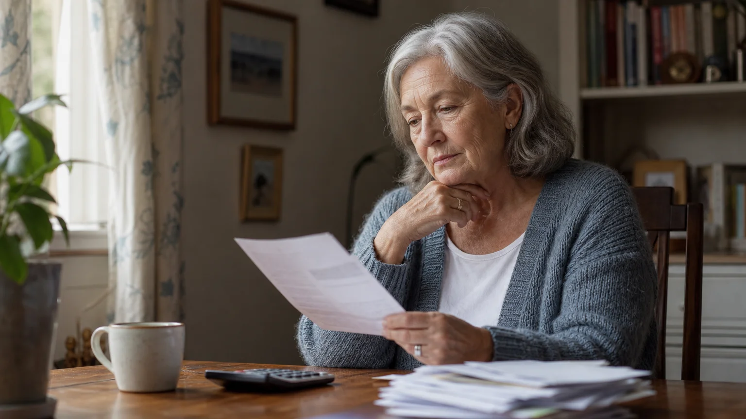 An older woman sits at her home desk, thoughtfully reviewing her financial paperwork with a calculator and tea nearby.