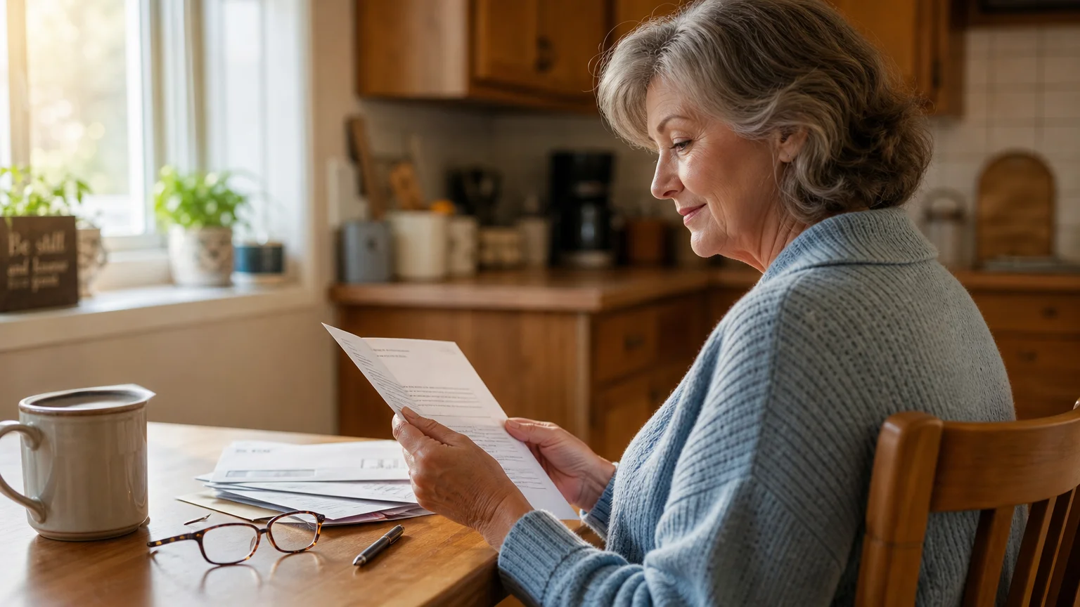 An older woman sits at her sunlit kitchen table, looking at a financial letter with a relieved expression.