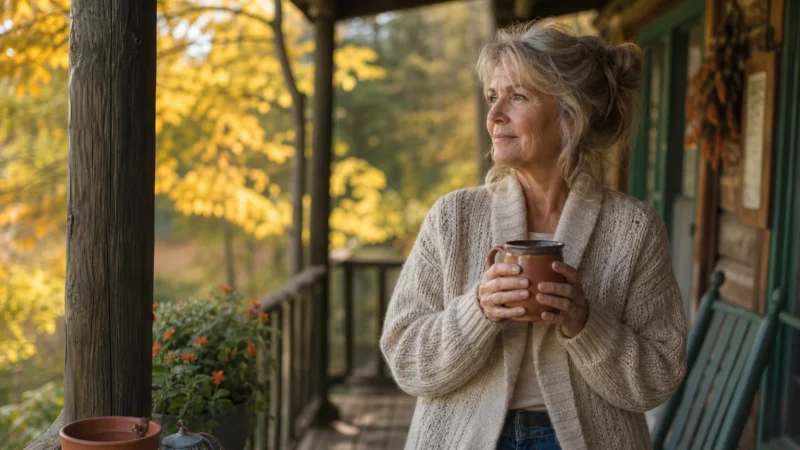 An older woman stands thoughtfully on her porch on a crisp autumn morning, holding a warm mug.