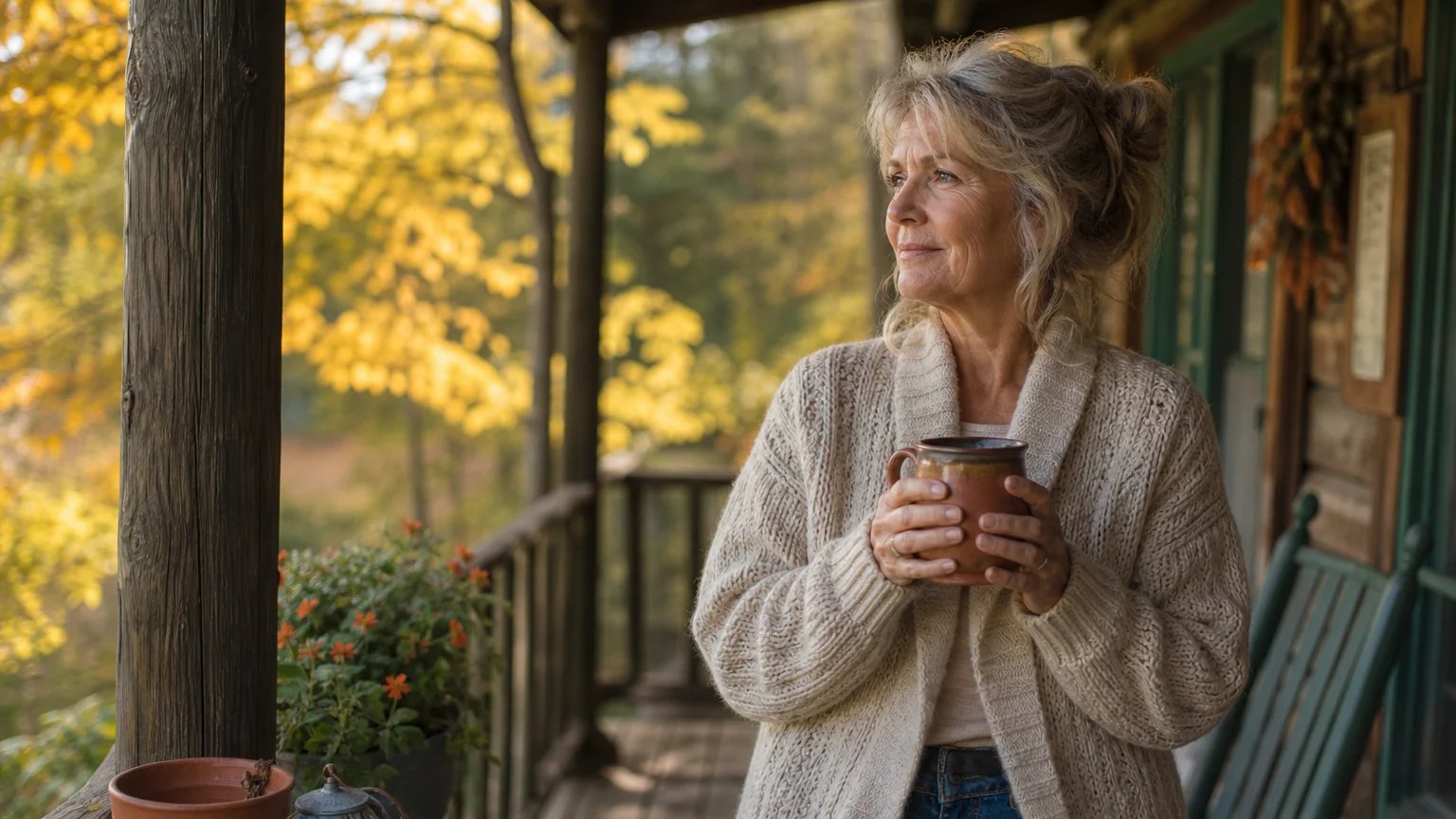 An older woman stands thoughtfully on her porch on a crisp autumn morning, holding a warm mug.