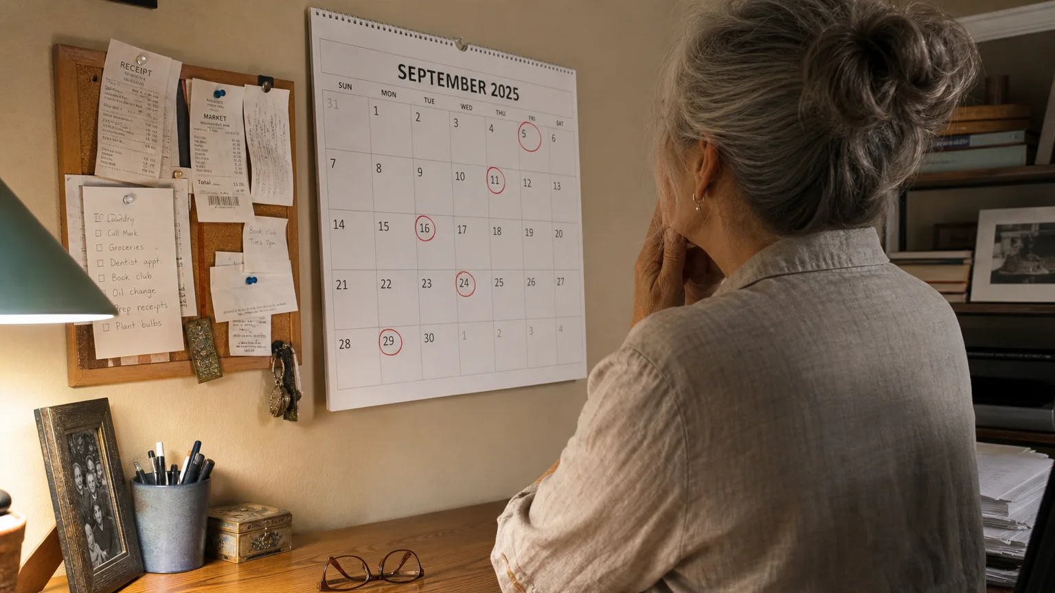 An over-the-shoulder shot of an older woman reviewing a wall calendar with circled dates in her cozy home office.