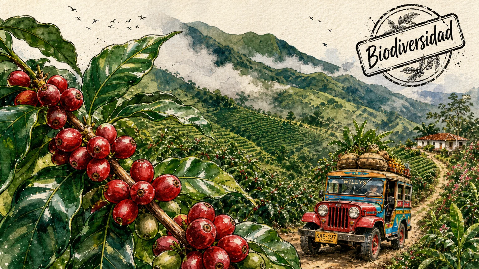 Botanical-style watercolor of Colombian coffee plants and rolling green Andean hills.