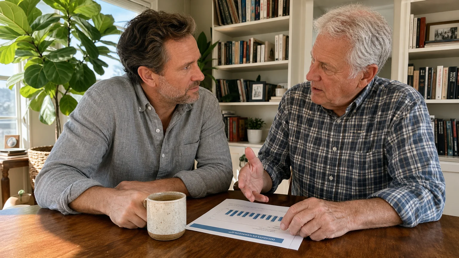 Candid photo of a financial advisor and a retiree casually discussing paperwork over coffee in a sunlit home office.