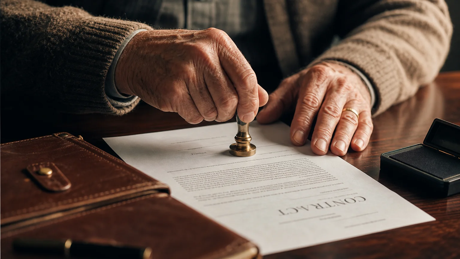 Close-up of a retiree's hands stamping a formal document with a notary seal on a dark wood desk.