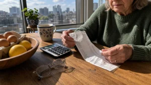 Close-up of a senior's hands reviewing a grocery receipt at a kitchen table with eggs and lemons in a bowl.