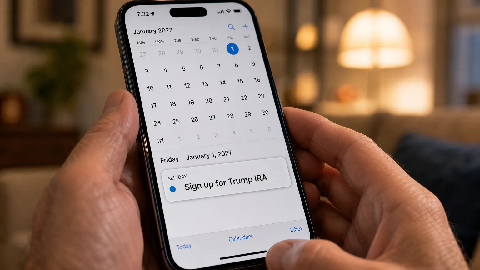 Close-up of hands holding a smartphone with a calendar reminder for January 1, 2027, to sign up for a Trump IRA.