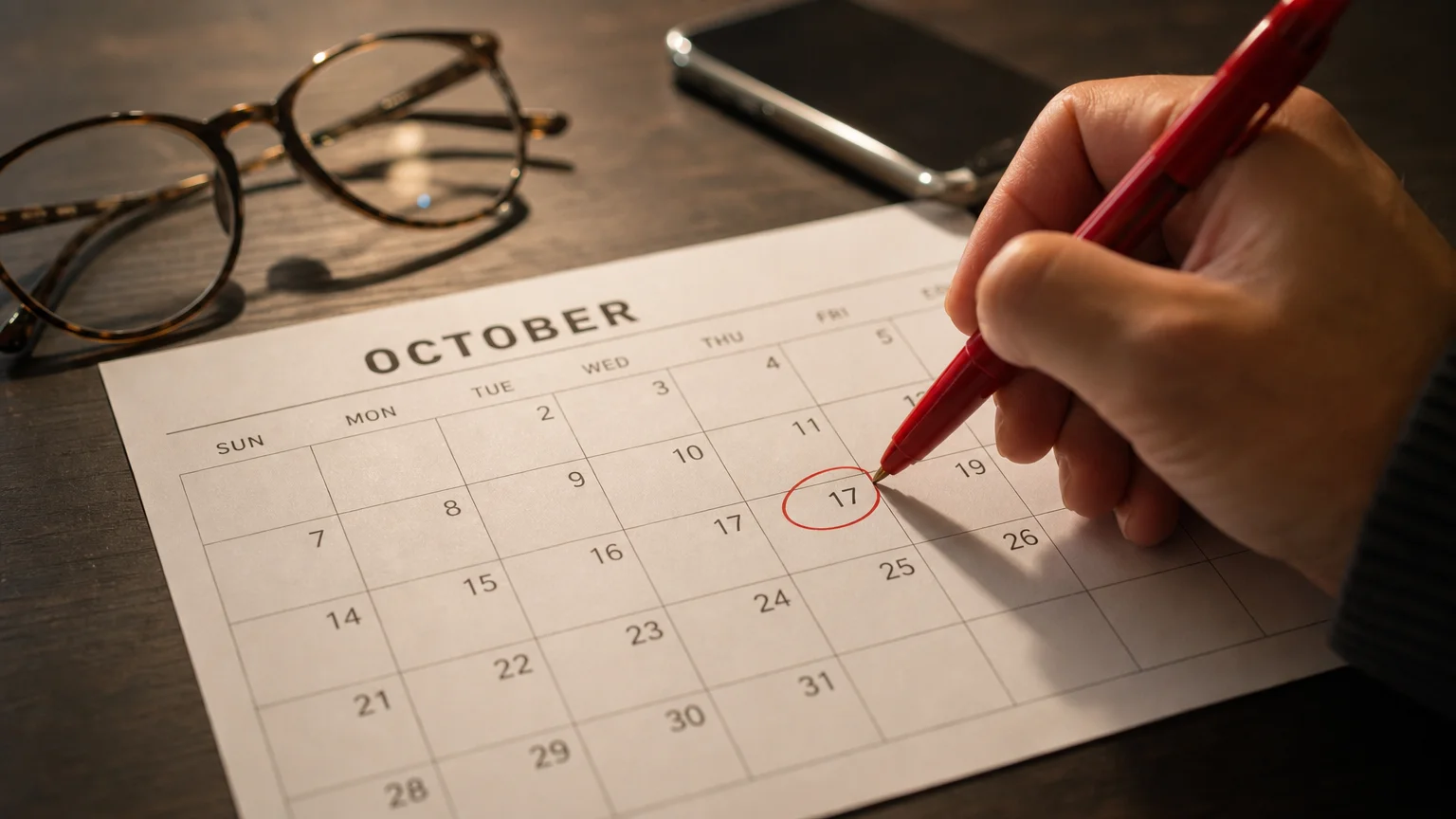 Close-up photo of a hand circling a date on an October calendar with a red pen on a wooden desk.