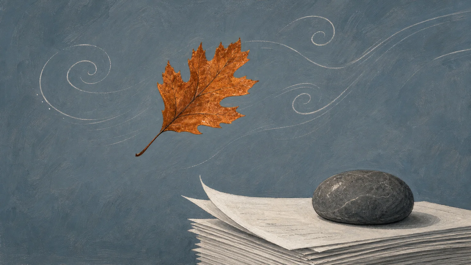 Editorial illustration of an autumn leaf drifting in the wind next to a fluttering stack of paper, symbolizing uncertainty.