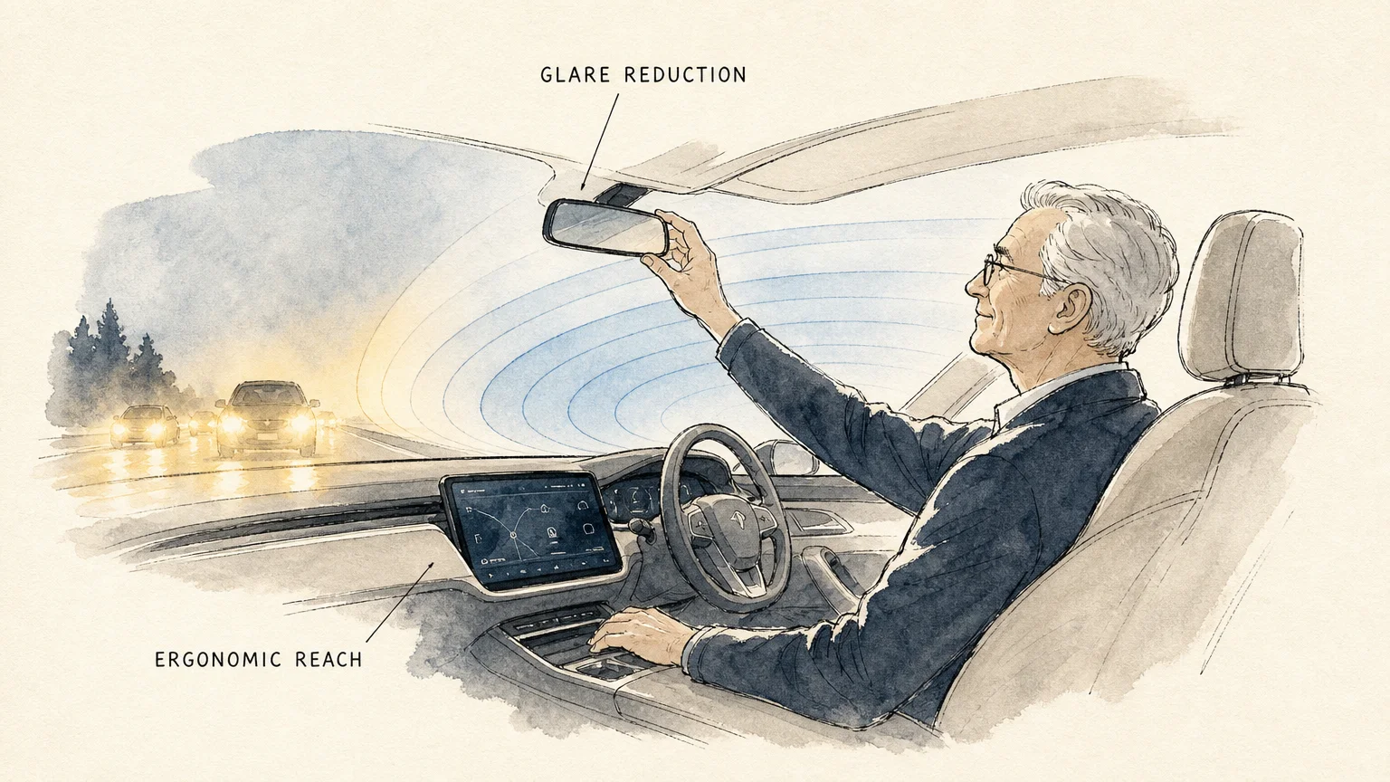 Editorial watercolor illustration showing an older driver comfortably navigating night driving with clear vision.