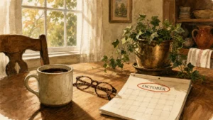 Gouache illustration of a cozy kitchen table with coffee, glasses, and an October calendar, symbolizing retirement planning.