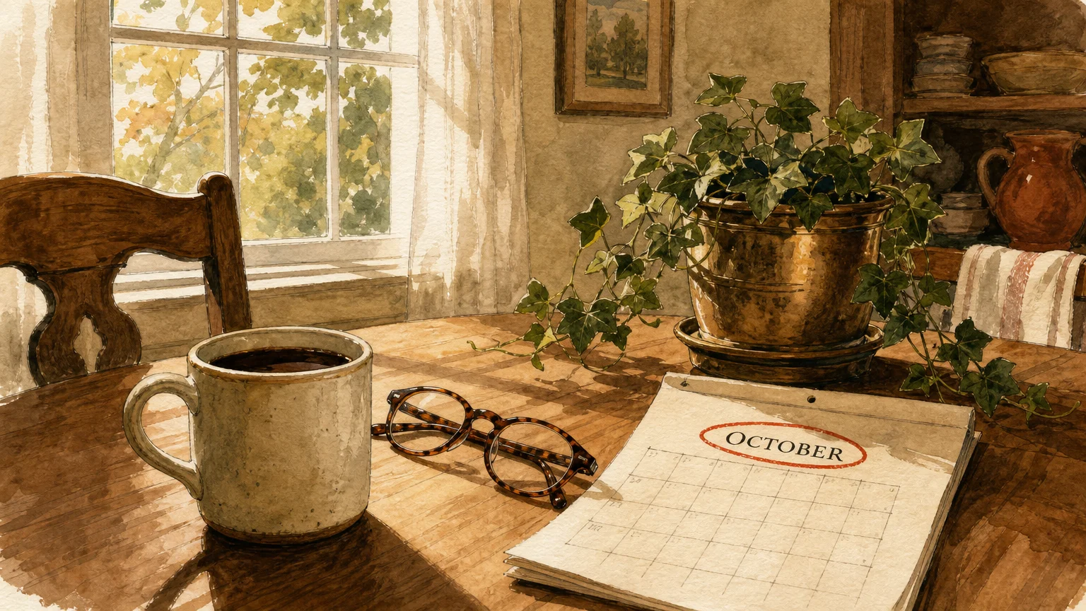 Gouache illustration of a cozy kitchen table with coffee, glasses, and an October calendar, symbolizing retirement planning.