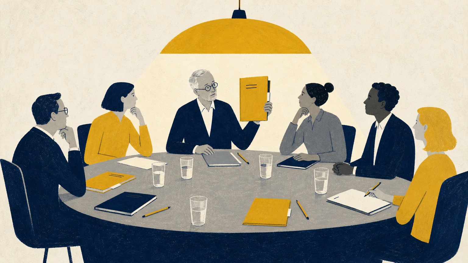Gouache illustration of a group of diverse people sitting around a conference table discussing papers in a focus group.