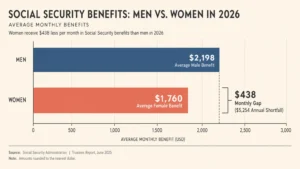 Horizontal bar chart showing the monthly Social Security gap between men receiving $2,198 and women receiving $1,760, illustrating a $438 de