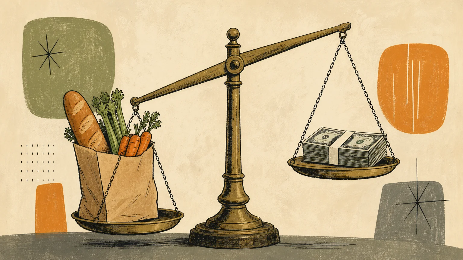 Illustration of a balance scale where a grocery bag outweighs a stack of money, representing inflation outpacing income.