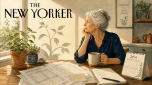 Illustration of a senior woman planning her budget at a sunlit table, symbolizing retirement financial planning.