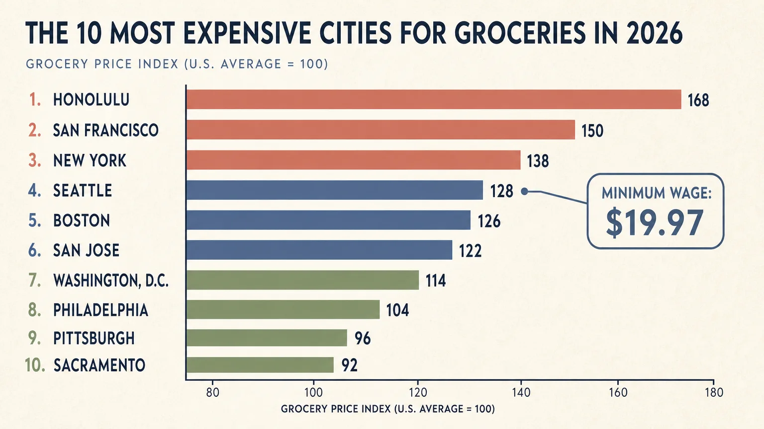 Infographic bar chart listing the 10 most expensive US cities for groceries, with Honolulu at the top and a wage callout for Seattle.