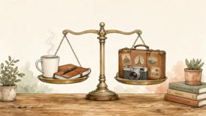 Ink and watercolor illustration of a balance scale holding a warm coffee mug on one side and a vintage travel suitcase on the other.
