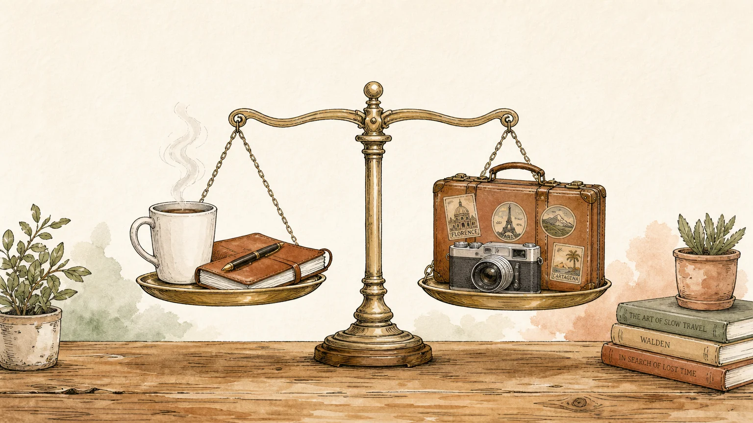 Ink and watercolor illustration of a balance scale holding a warm coffee mug on one side and a vintage travel suitcase on the other.