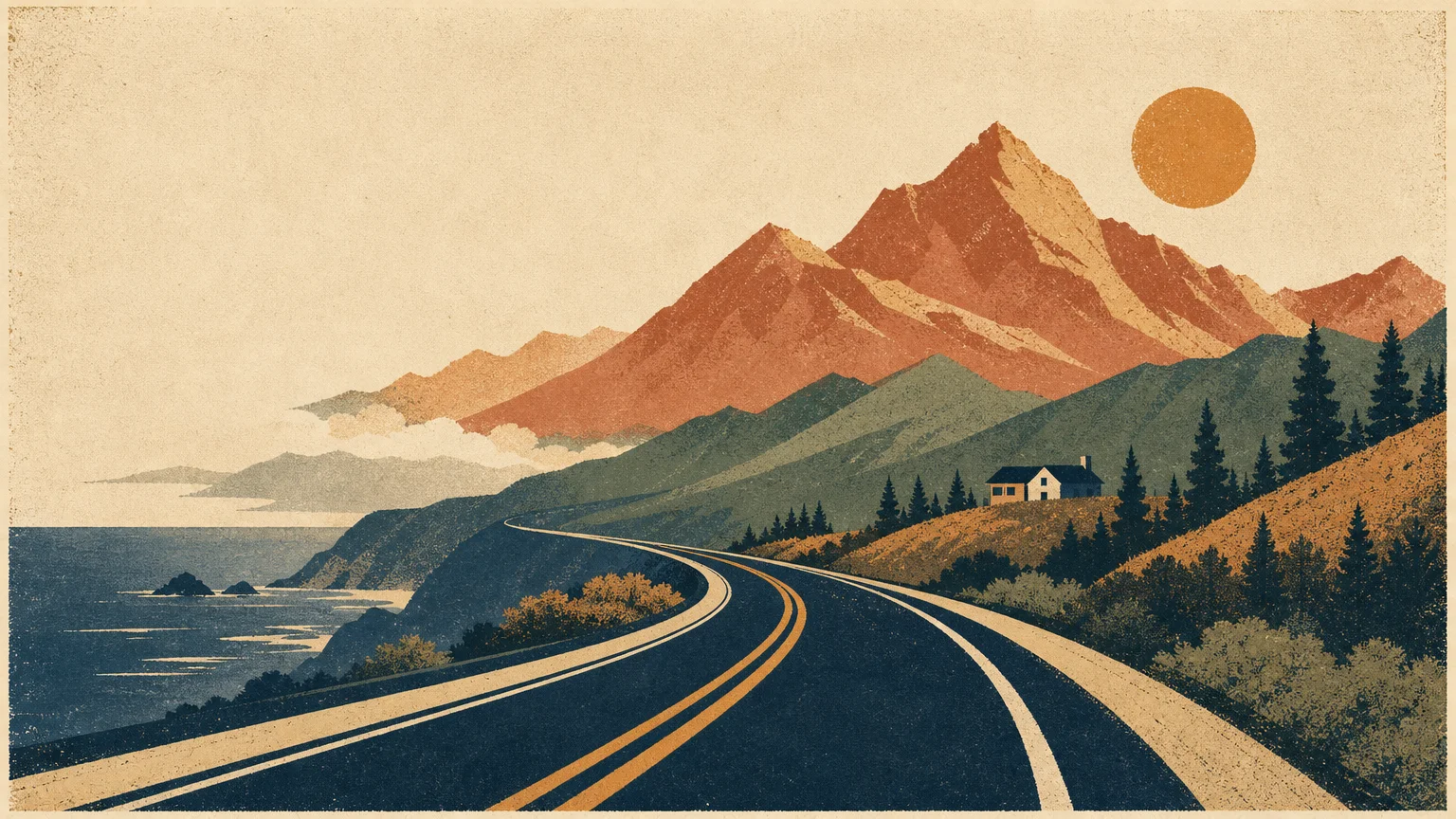Minimalist screenprint illustration of pathways leading from a misty coast to warm, layered mountain peaks.