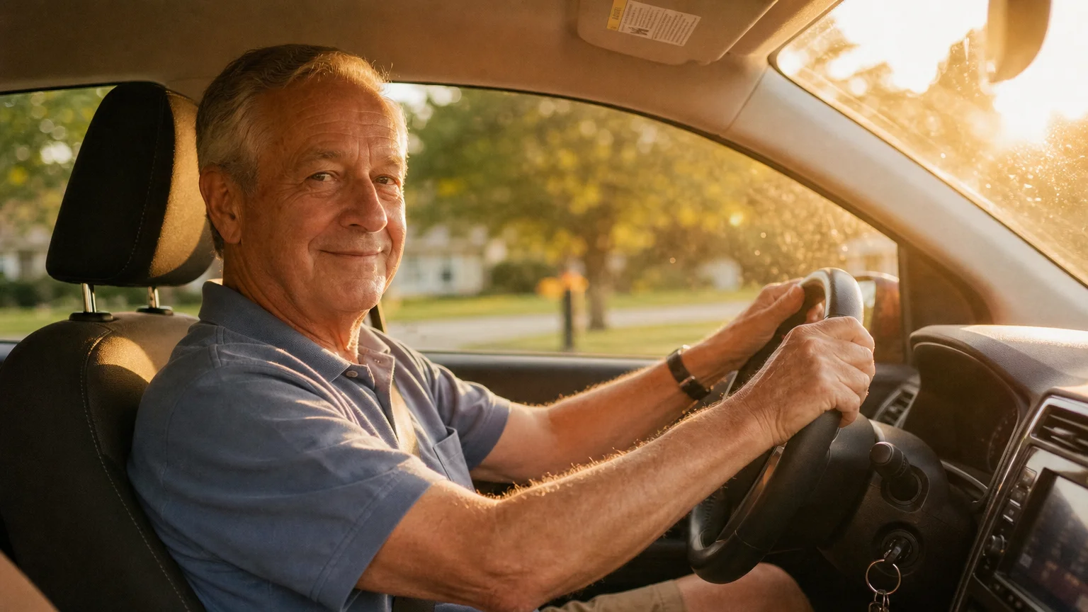 Passenger-side view of a smiling retired male driver behind the steering wheel during golden hour.