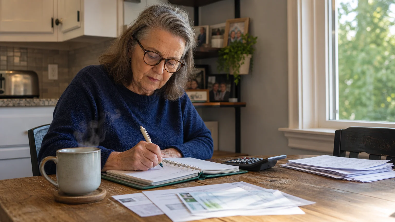 Photo of a woman at her kitchen table organizing bills and writing in a planner under soft morning light.