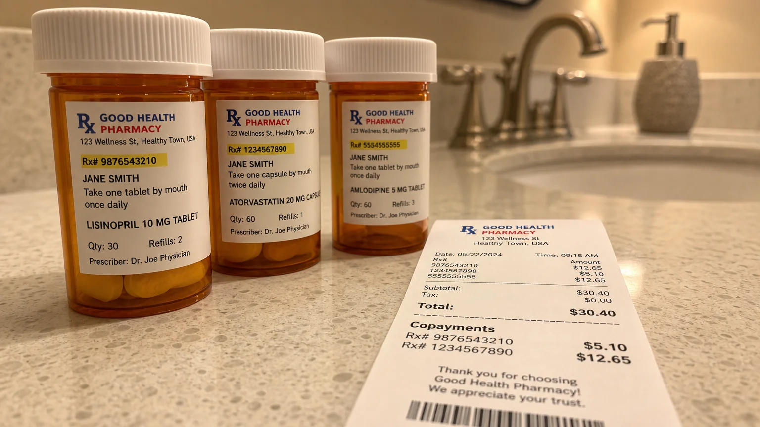 Prescription medication bottles sit on a counter next to a pharmacy receipt showing copays of $5.10 and $12.65.