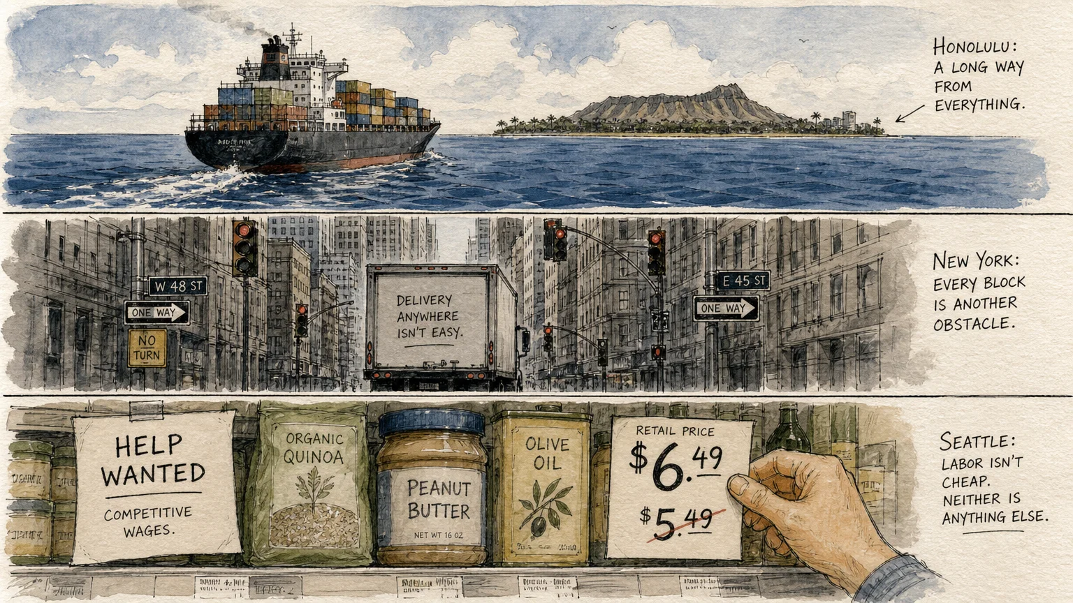 Three-panel illustration showing a cargo ship, a city truck in traffic, and a grocery price tag being increased.