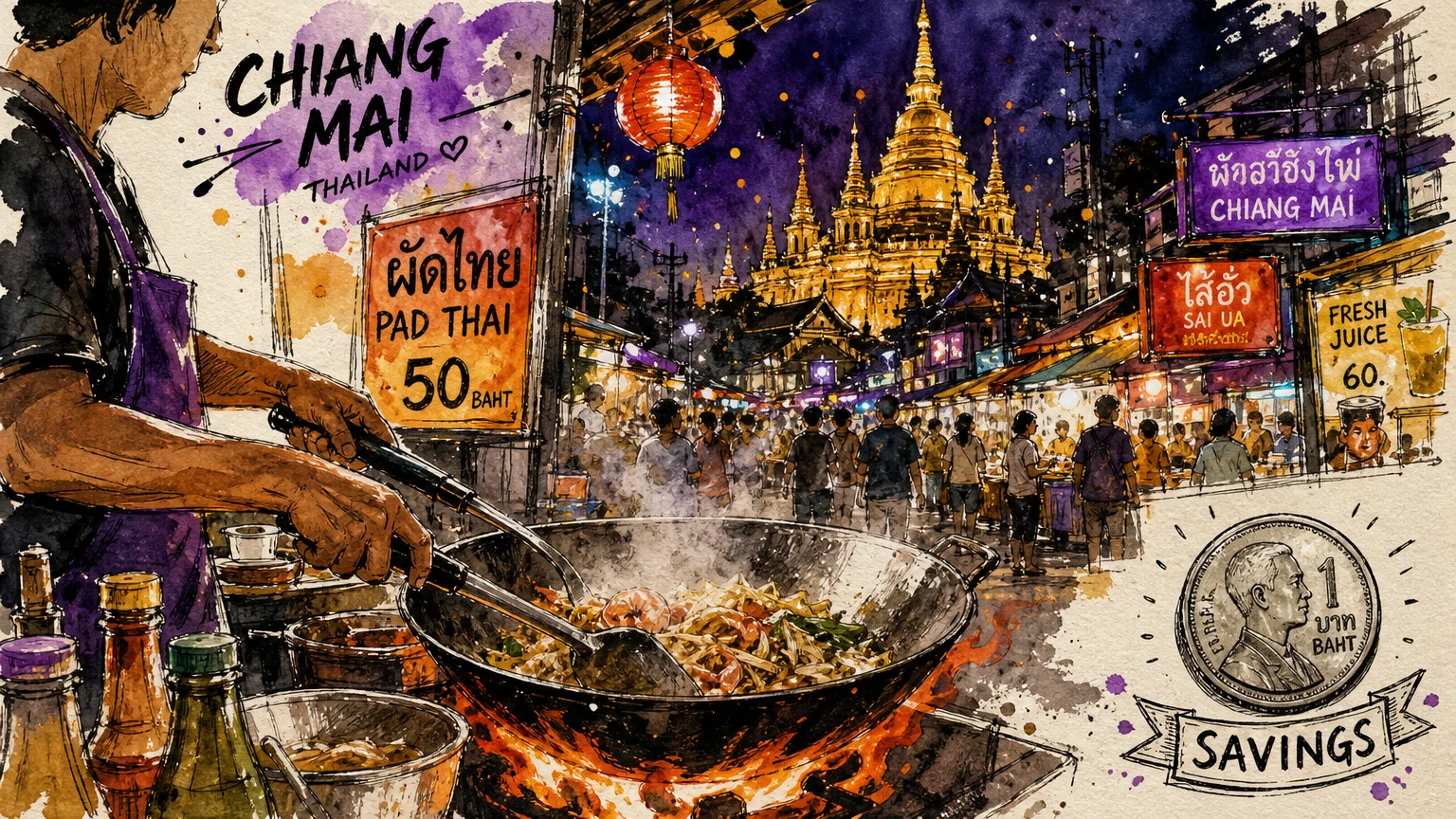 Vibrant watercolor of a Thai street food stall with a golden temple in the background.