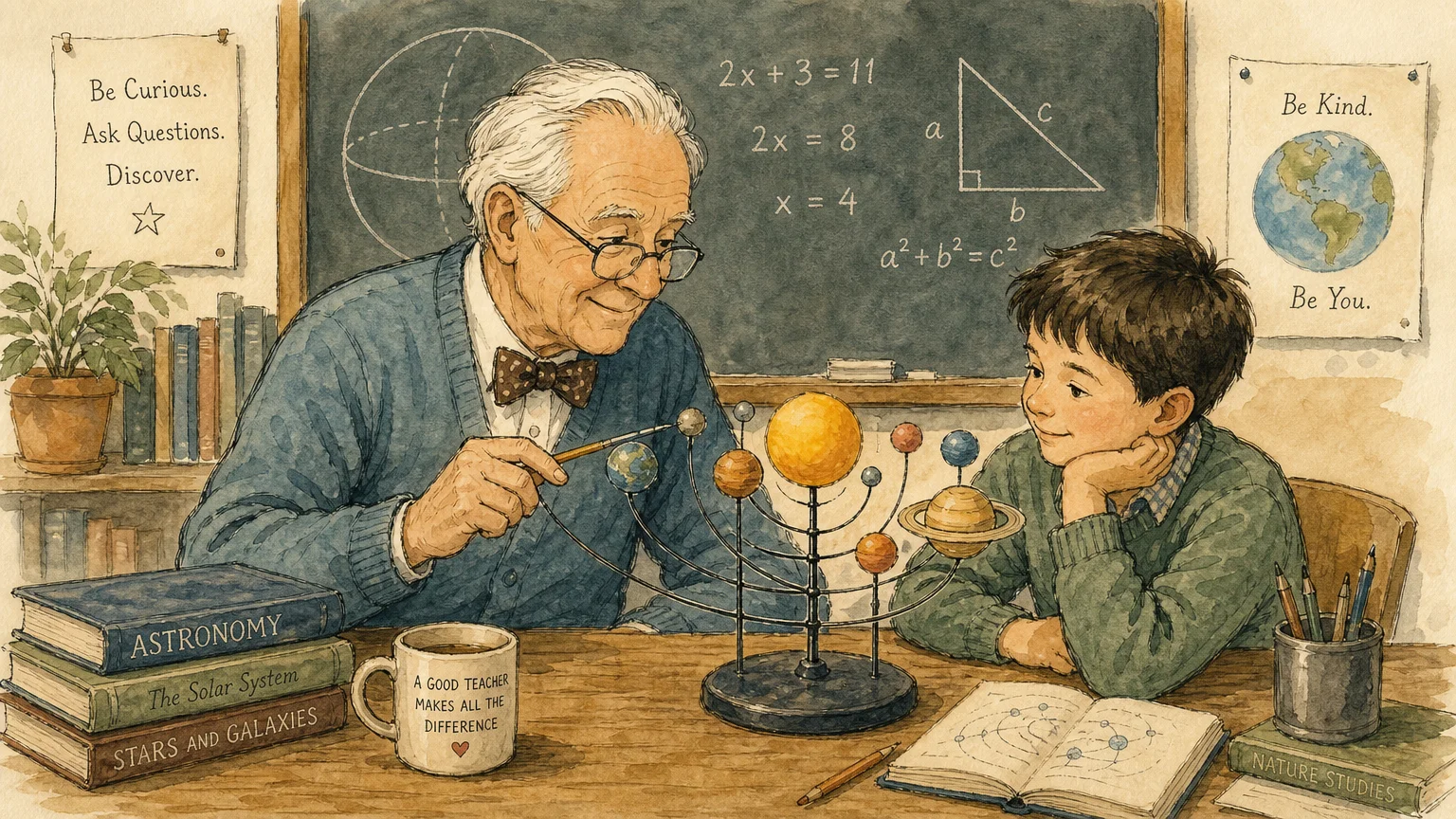 Watercolor illustration of a warm retired teacher explaining a solar system model to a student at a desk.