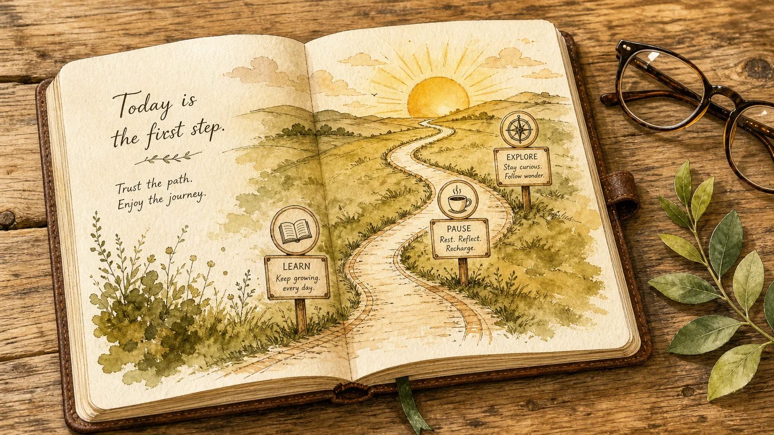 Watercolor illustration of an open journal on a table showing a hand-drawn path winding toward a bright rising sun.