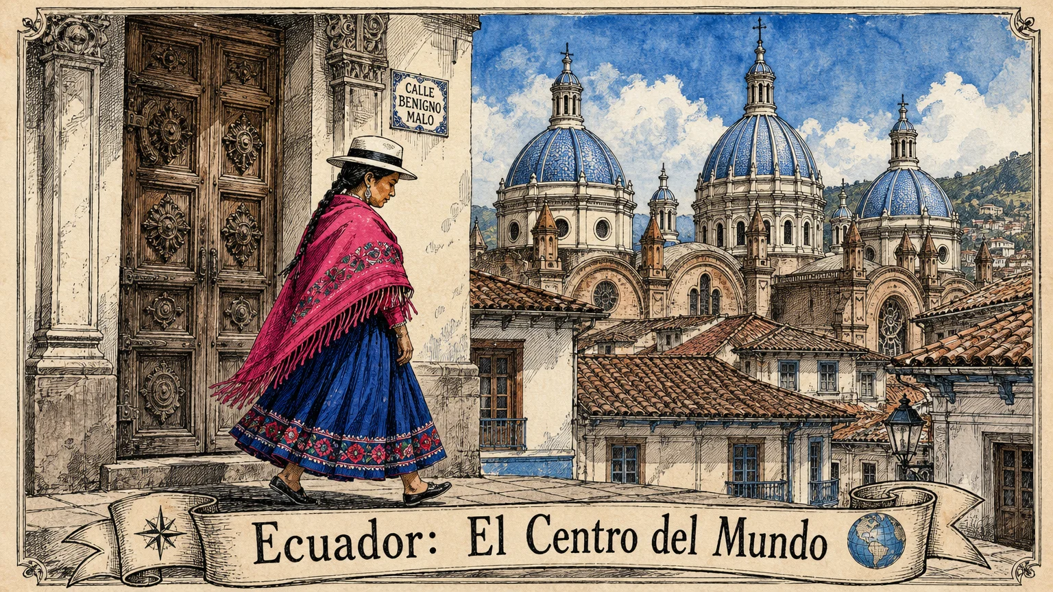 Watercolor illustration of colonial architecture in Cuenca, Ecuador, with a woman in traditional dress.