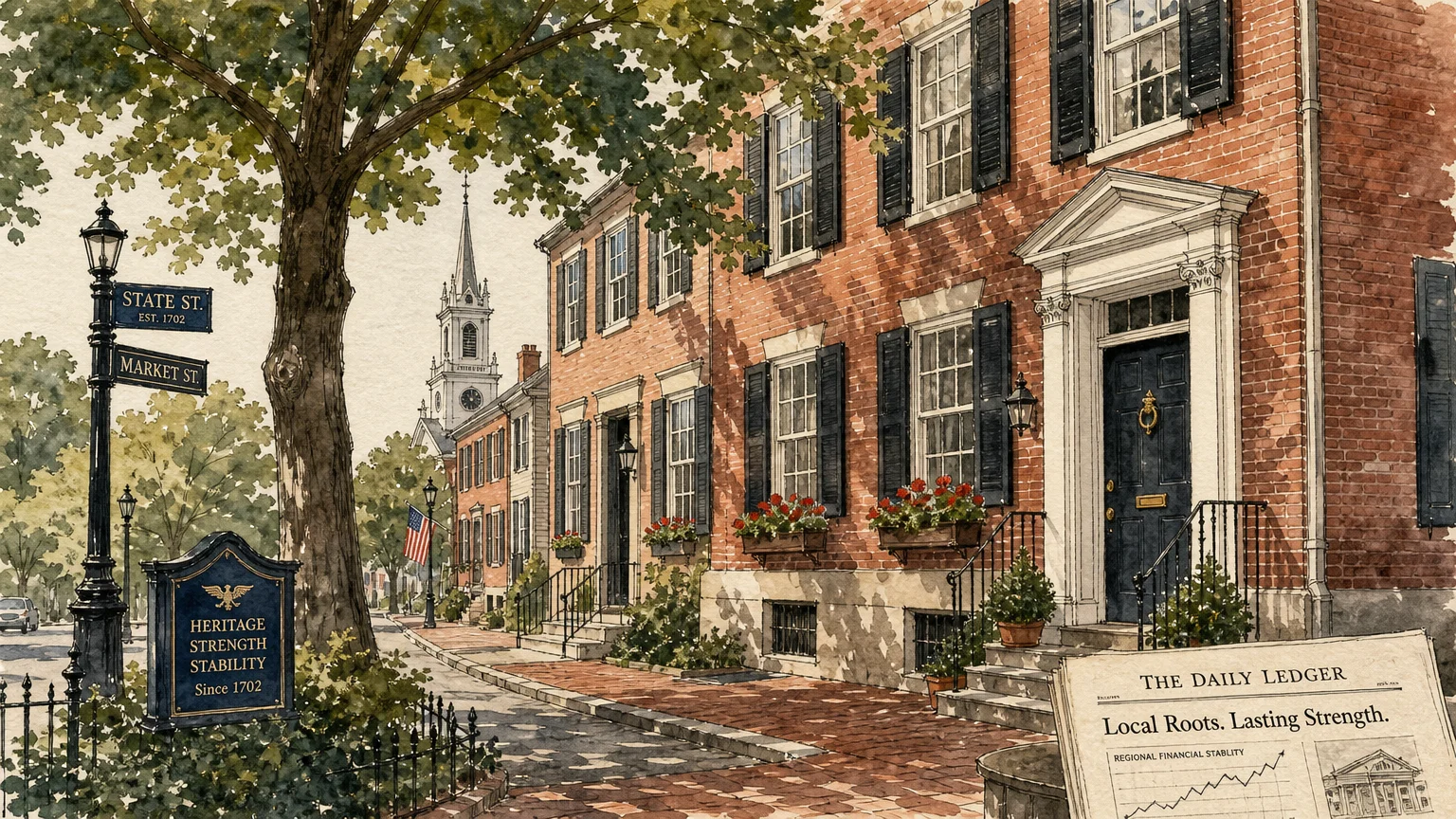 Watercolor illustration of historic Mid-Atlantic brick townhouses with soft green trees on a quiet street corner.