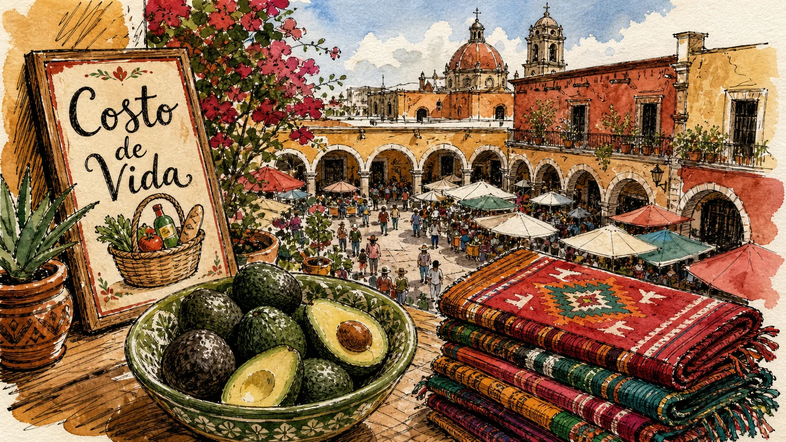 Watercolor sketch of a Mexican market and plaza, highlighting the vibrant local culture and affordability.