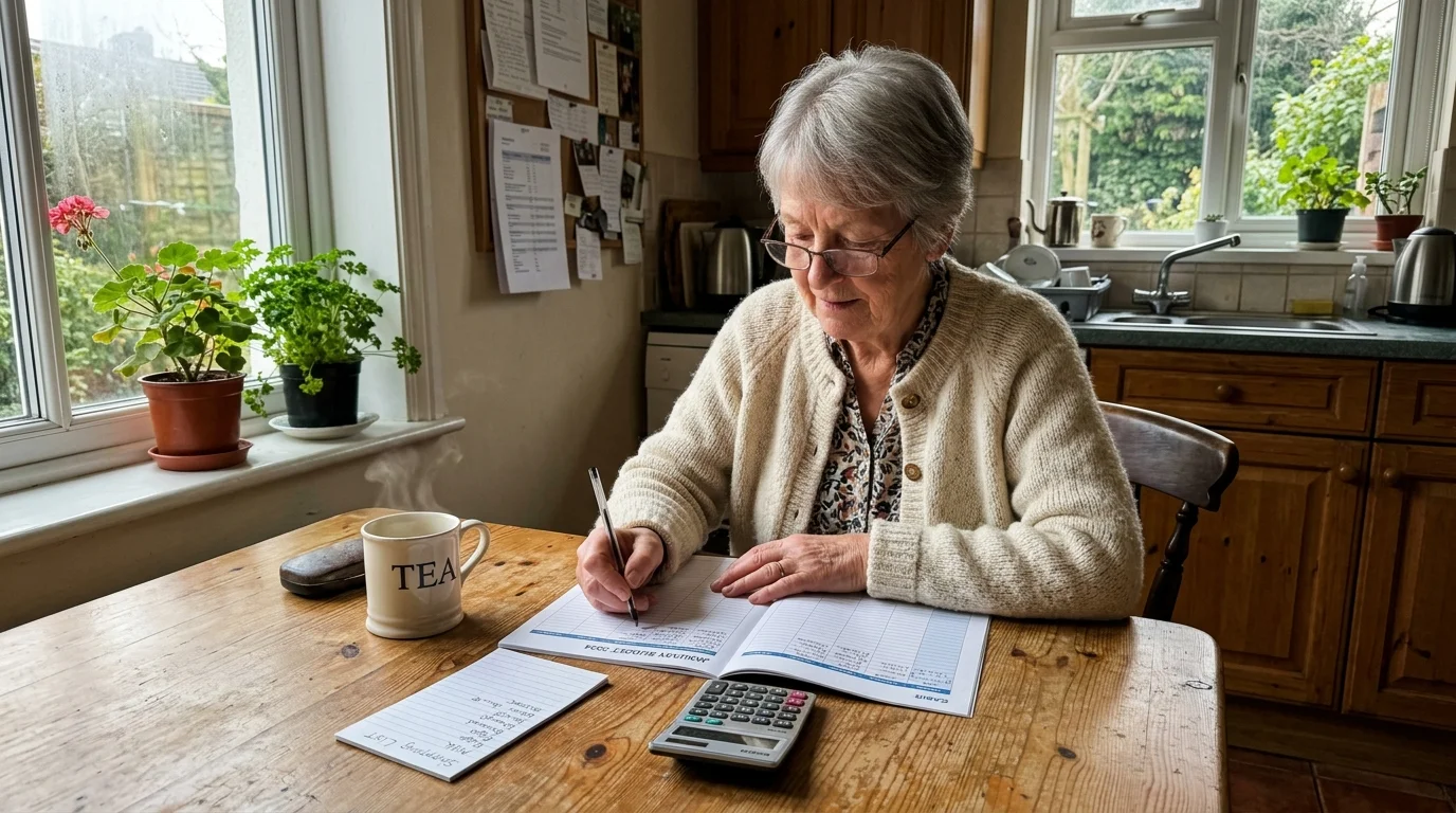 A candid photograph of an older woman planning her monthly budget at a sunlit wooden kitchen table with a calculator and coffee mug.