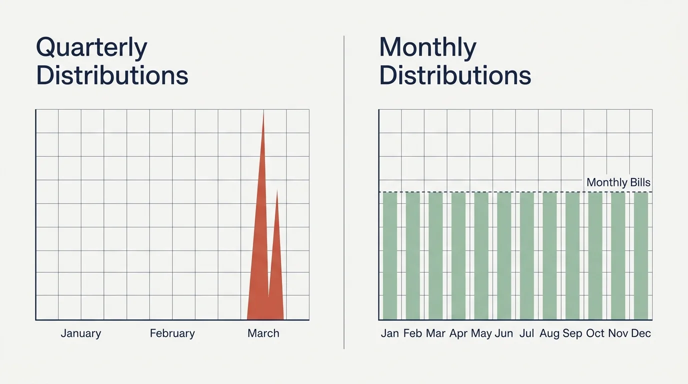 A clean bar chart comparing erratic quarterly payouts with smooth, equal monthly distributions that match monthly expenses.