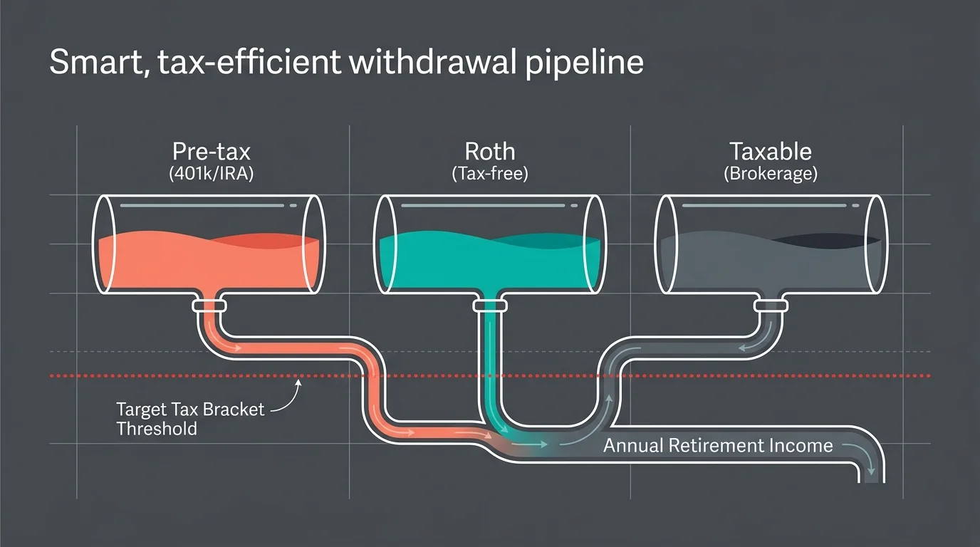 A clean financial diagram showing income flowing from pre-tax, Roth, and taxable buckets to stay below a target tax bracket line.