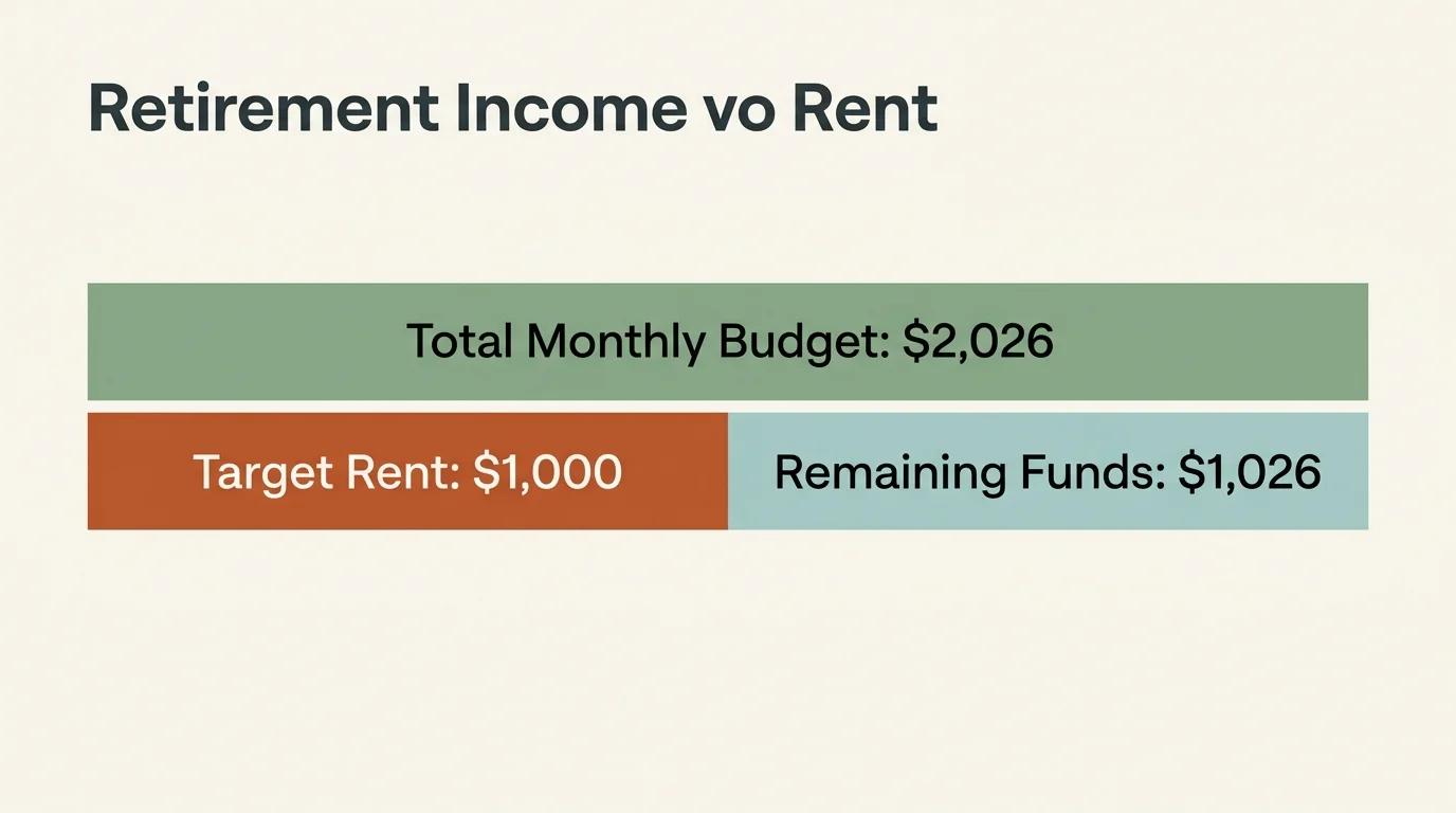A clean horizontal diagram showing a $2,026 monthly budget split into a $1,000 target rent portion and $1,026 in remaining funds.