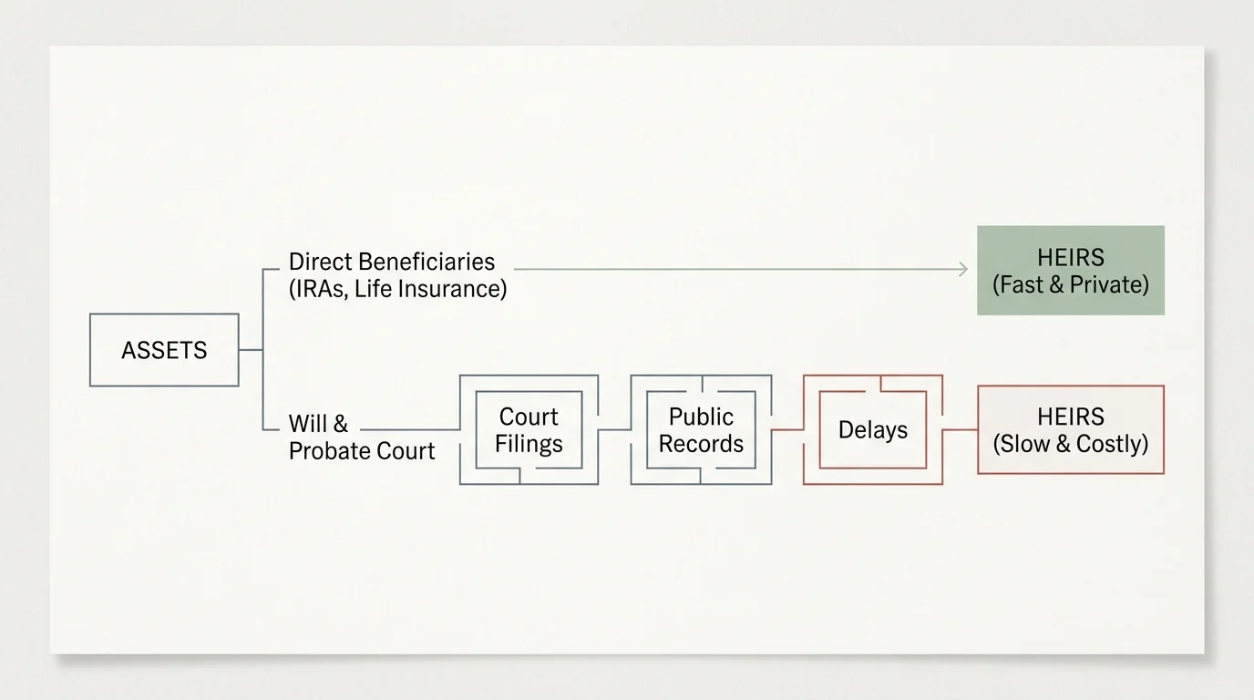 A clean horizontal diagram showing how direct beneficiary assets bypass the probate court system entirely.
