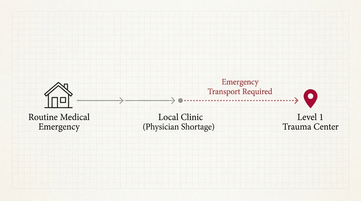 A clean horizontal flowchart illustrating the pathway from a rural medical emergency to a level one trauma center.