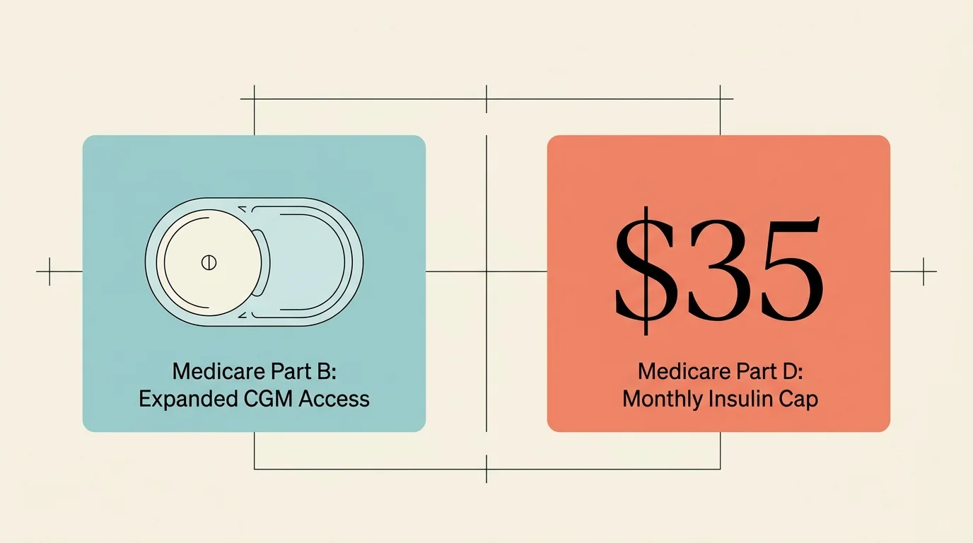A clean layout showing a continuous glucose monitor and a bold thirty-five dollar monthly insulin cap label under Medicare.