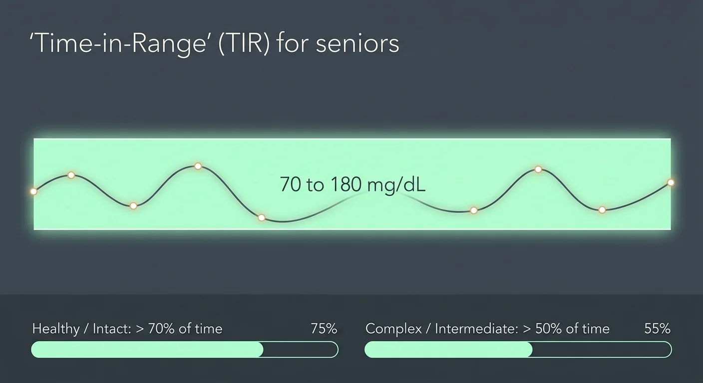 A clean line diagram showing a stable glucose wave flowing smoothly within the seventy to one hundred eighty target range.