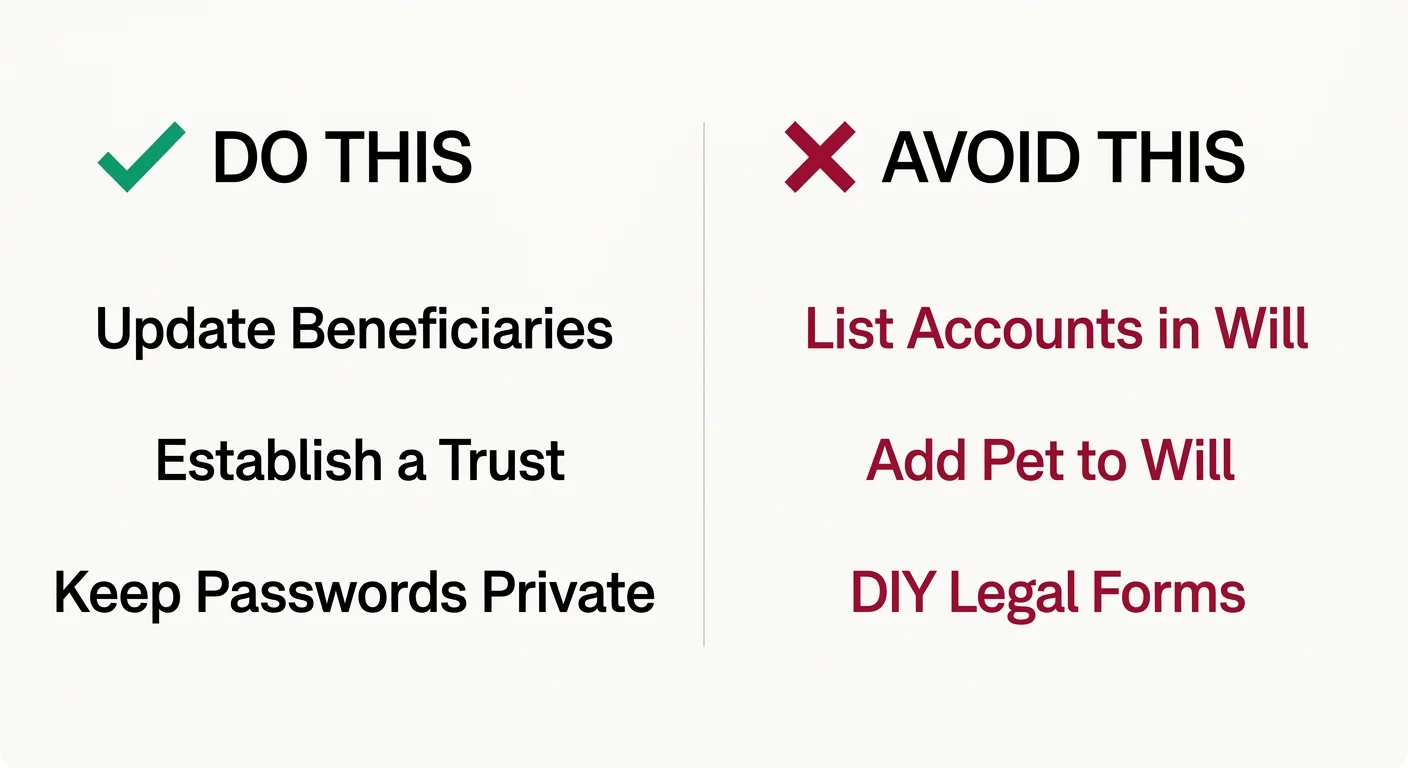 A clear, comparative checklist contrasting best practices of estate planning with common errors.